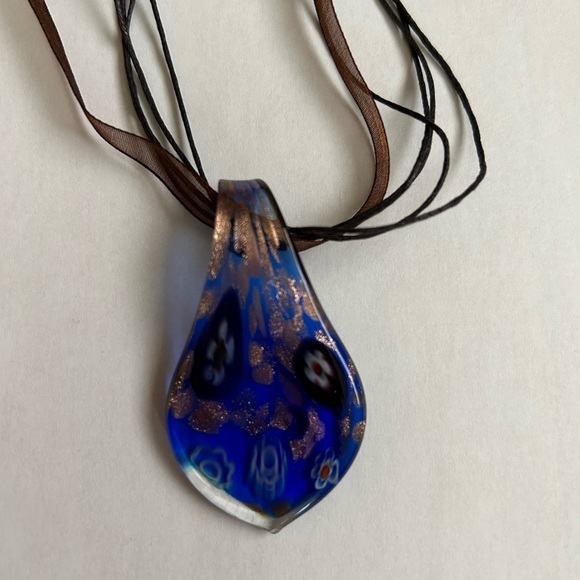 Hand Blown Glass Teardrop Pendant in Blue Statement Necklace - Picture 2 of 5